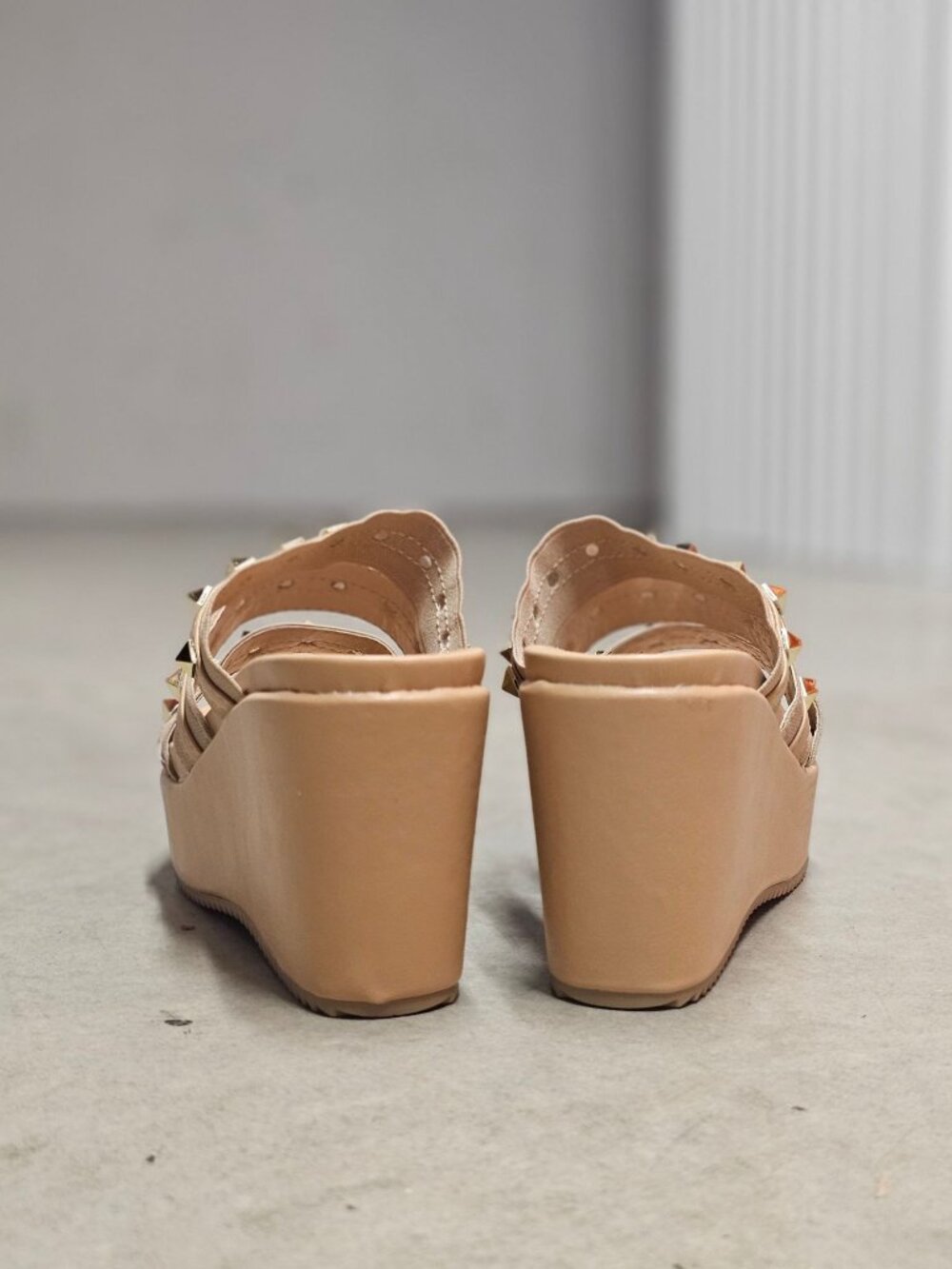 Studded Strap Nude Wedge Sandals For Women - Stylish Slip-On Platform Design Wit - Picture 7 of 12